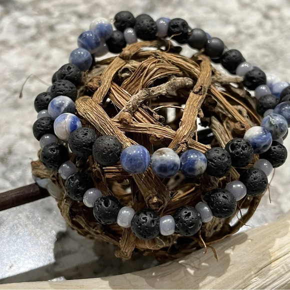 Sodalite & Lava Stone Pair of Handcrafted Bracelets with 6mm Beads - Picture 1 of 4